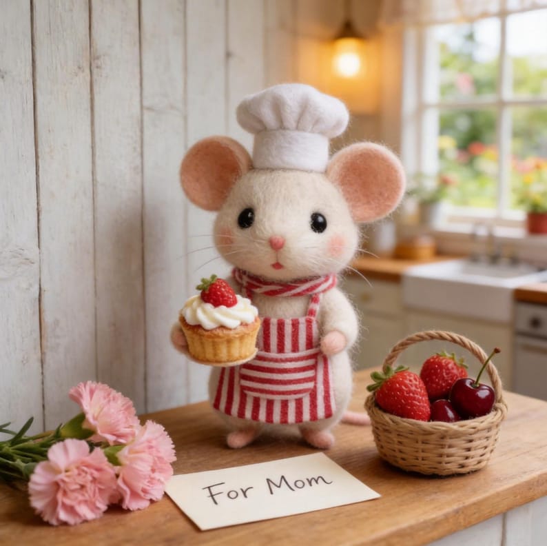May include: A felt mouse chef wearing a white hat, red and white striped apron, and scarf, holding a cupcake topped with a strawberry. A small basket of strawberries and cherries sits nearby, with a card that reads "For Mom".