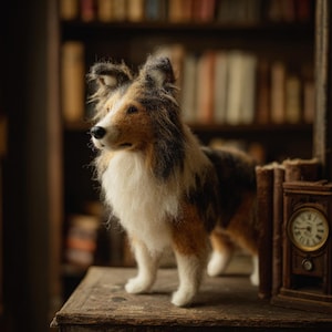 May include: A handcrafted, miniature Sheltie dog figurine with a brown, black, and white coat. The dog is standing on a wooden surface, with a blurred bookshelf in the background. A small, antique clock is visible to the right.