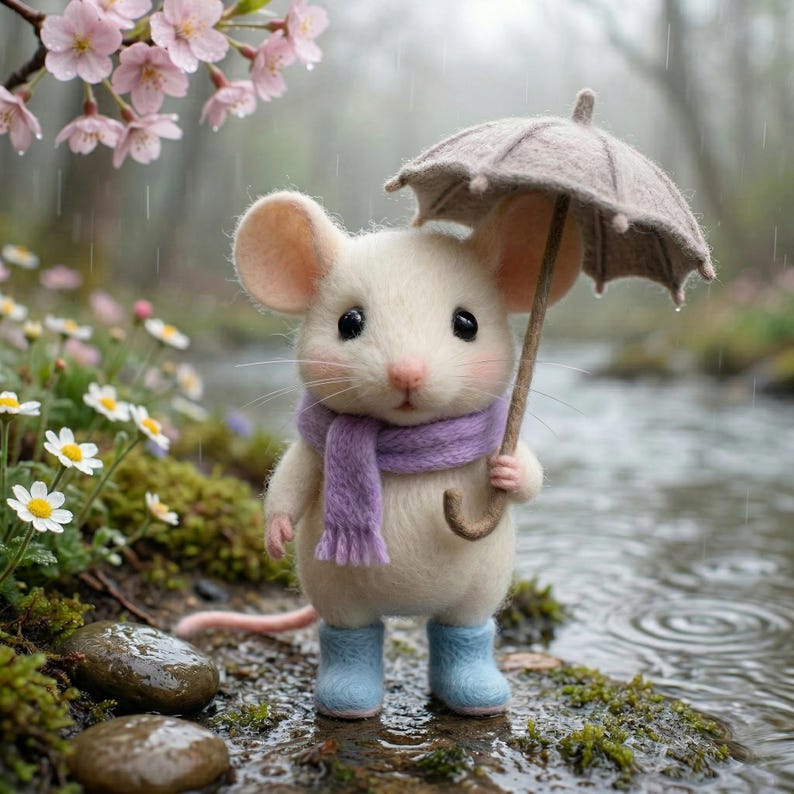 May include: A charming white mouse figurine wearing a purple scarf and blue boots, holding a small gray umbrella. The mouse stands in a rainy outdoor scene with flowers and a stream. The figurine has large, dark eyes and a pink nose.