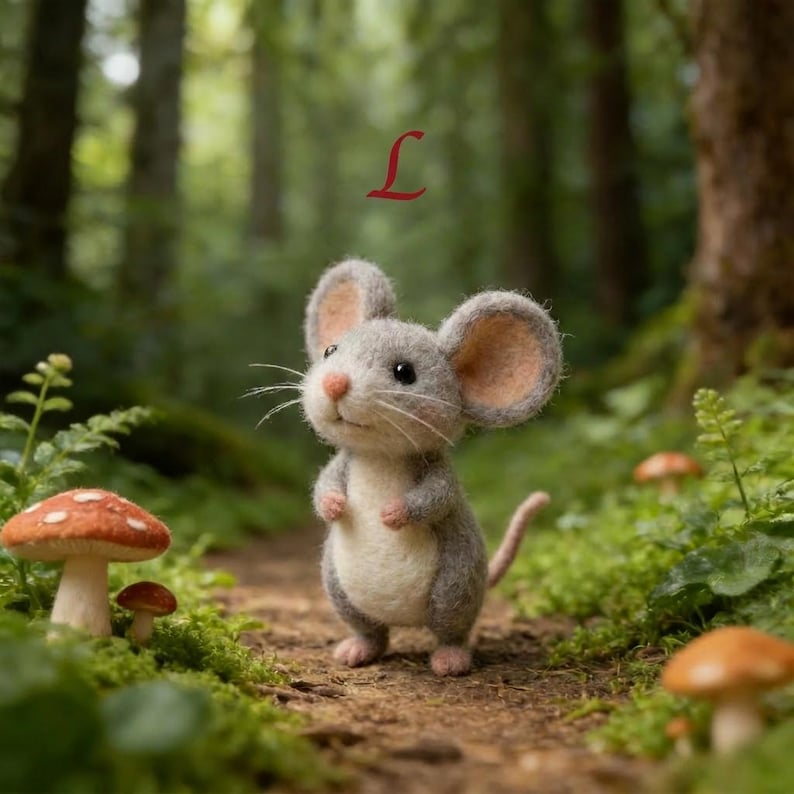 May include: A handcrafted felt mouse with large ears and a pink nose stands on a forest path. The mouse is gray with a white belly and a long, pink tail. Red and white mushrooms are in the foreground.