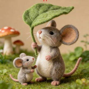 Puede incluir: Dos ratones de fieltro, uno grande y otro pequeño, están sobre hierba verde. El ratón más grande sostiene una gran hoja verde sobre su cabeza. Los ratones son grises con orejas marrones y patas rosas. Un hongo con un sombrero rojo y blanco moteado está en el fondo.