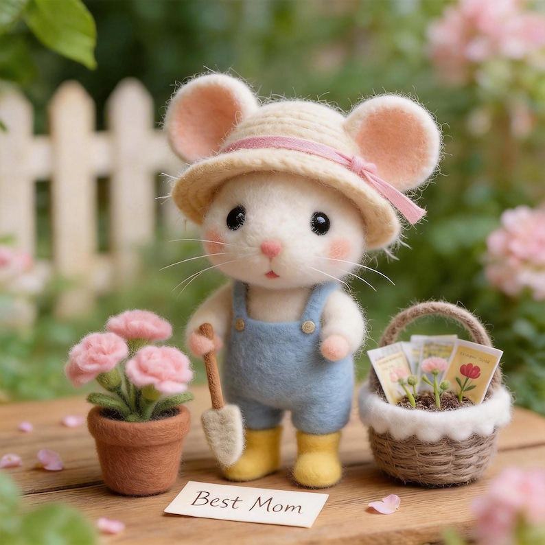 May include: A handcrafted felt mouse wearing a straw hat with a pink ribbon, blue overalls, and yellow boots. The mouse holds a small shovel and stands next to a potted plant with pink flowers and a basket with seed packets. A card reads "Best Mom".