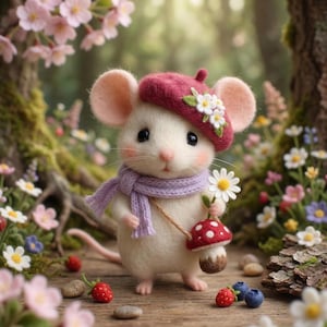 May include: A whimsical felt mouse wearing a burgundy beret with white flower accents and a lavender scarf. The mouse holds a daisy and a mushroom-shaped purse, surrounded by flowers and berries. The scene evokes a fairy tale setting.