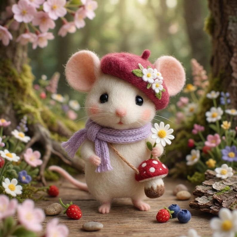 May include: A whimsical felt mouse wearing a burgundy beret with white flower accents and a lavender scarf. The mouse holds a daisy and a mushroom-shaped purse, surrounded by flowers and berries. The scene evokes a fairy tale setting.