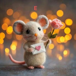 May include: A handcrafted felt mouse figurine holding a pink rose and a small white envelope with a pink heart. The mouse has gray ears and a pink tail. The background is blurred with warm bokeh lights.