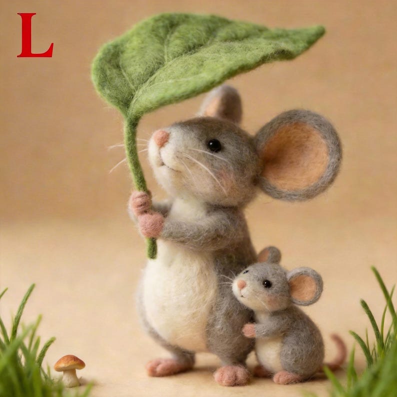 May include: A felted mouse figurine holding a large green leaf, with a smaller mouse beside it. The mice are gray and white, with pink accents on their paws and ears. A small mushroom is visible in the foreground, and the letter "L" is in the top left corner.