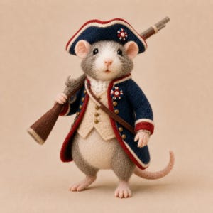 May include: A needle-felted mouse figurine dressed in a historical military uniform. The mouse wears a blue coat with red trim, a cream-colored vest, and a matching tricorn hat. It carries a brown musket over its shoulder and has a long tail.