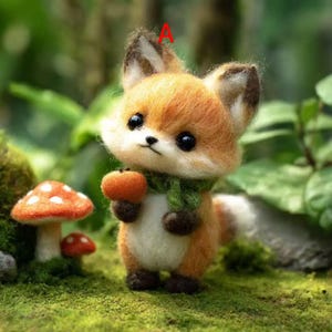 May include: A handcrafted felt fox figurine with orange and white fur, large black eyes, and a green scarf. The fox is holding a small orange fruit and stands near a mushroom with a red and white spotted cap.