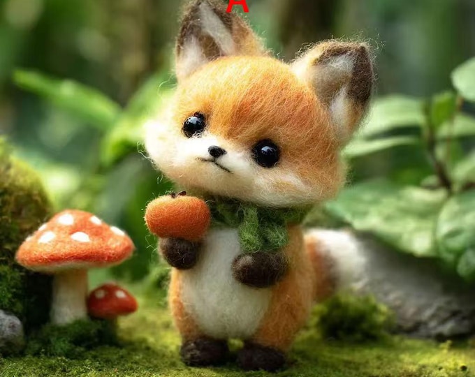 Needle Felt Fox Figurine, Handmade Wool Woodland Animal, Mushroom Shelf Decor