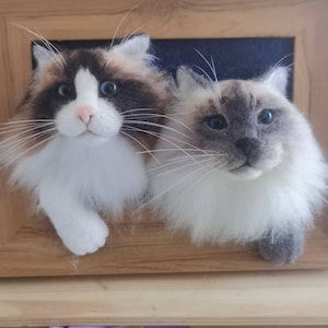 May include: Two needle-felted cat sculptures mounted in a wooden frame. The left cat is calico with white, brown, and black fur, blue eyes, and a pink nose. The right cat is grey and white with blue eyes and a dark nose. Both have long whiskers.