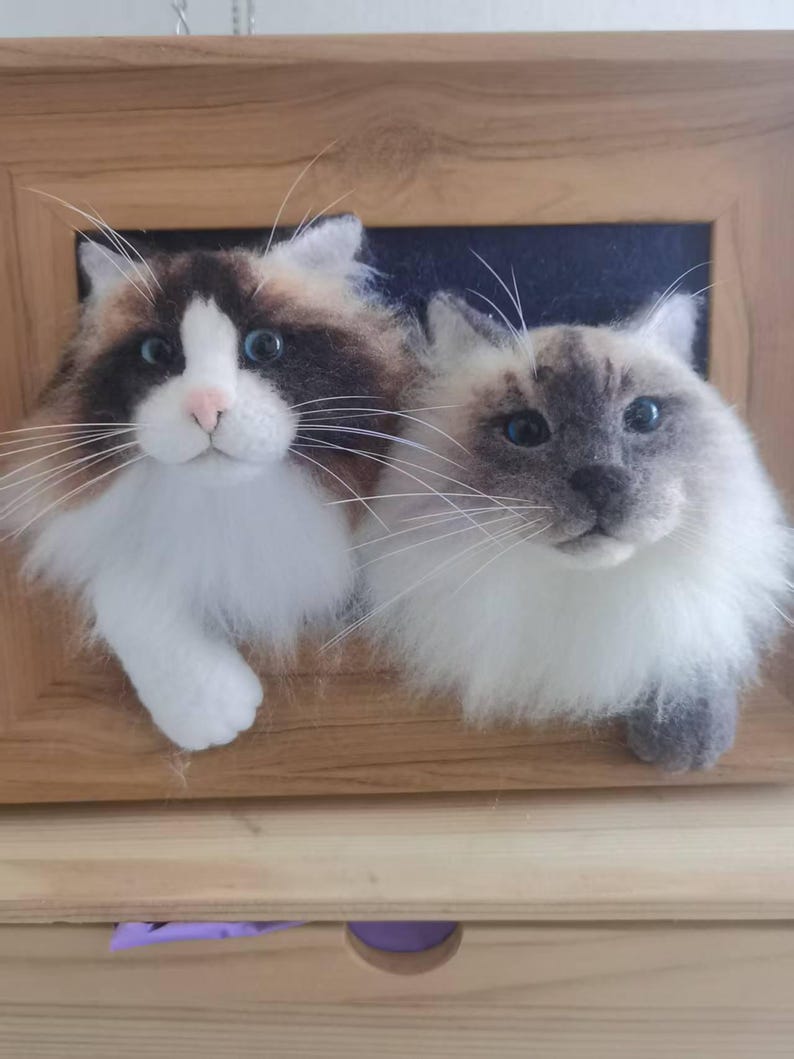 May include: Two needle-felted cat sculptures mounted in a wooden frame. The left cat is calico with white, brown, and black fur, blue eyes, and a pink nose. The right cat is grey and white with blue eyes and a dark nose. Both have long whiskers.