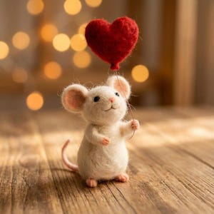 Puede incluir: Una figura de ratón blanco hecha a mano sosteniendo un globo en forma de corazón rojo. El ratón tiene orejas y pies rosados, con una expresión sonriente. El globo está hecho de material rojo texturizado. El fondo presenta luces bokeh suaves y borrosas.