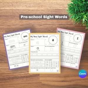 Puede incluir: Tres hojas de trabajo coloridas de palabras visuales para preescolares con el texto "My New Sight Word!" se muestran en una superficie de madera. Las hojas de trabajo presentan ejercicios de trazado, lectura y completar para las letras "a" e "i". El título "Pre-school Sight Words" está en la parte superior.