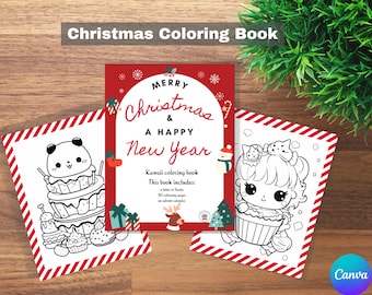 May include: A Christmas coloring book with the text "Merry Christmas & A Happy New Year". The book includes a letter to Santa and 50 coloring pages. Two coloring pages with kawaii-style illustrations are on either side of the book.