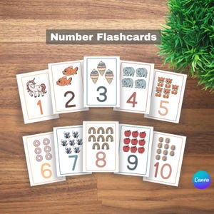May include: A collection of ten number flashcards, each featuring a number from one to ten. The cards display colorful illustrations of objects like unicorns, fish, ice cream cones, and apples, designed for educational purposes. The text "Number Flashcards" is at the top.