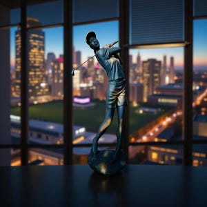 Metallic Resin Golfer Sculpture: Mid-Swing Golf Statue on Rock Base