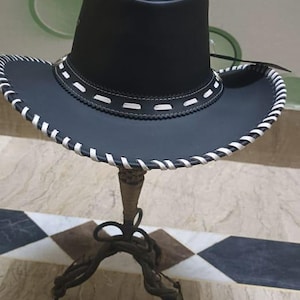 Handmade Black Cowboy Hat: Western Rodeo Style, White Stitching