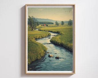 Winding Creek Landscape Art Print | Rustic Farmhouse Decor (Digital Download)