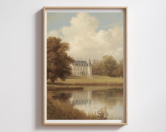 Vintage French Chateau Oil Painting - Muted Countryside Landscape Print