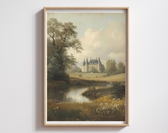 Französische Landschaft – Charmantes Herrenhaus und Teichszene – druckbares Ölgemälde