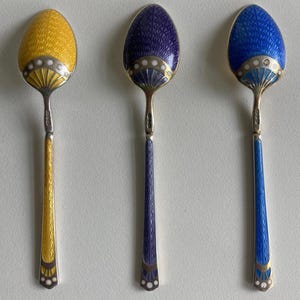 Marius Hammer Norwegian Enamel and Silver Demitasse Spoons x 3 - Made c. 1920