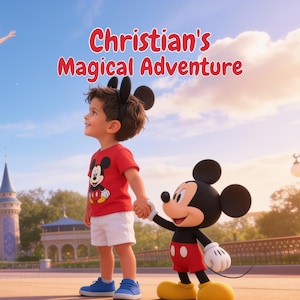 May include: A child wearing a red Mickey Mouse t-shirt, white shorts, blue sneakers, and black mouse ear headband, holding hands with a Mickey Mouse character. The text "Christian's Magical Adventure" is displayed in red above them against a sky.