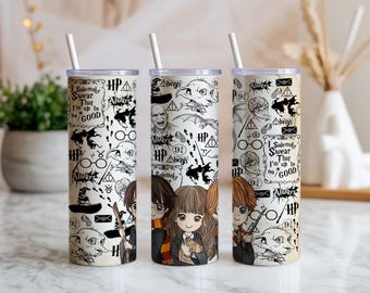 Adesivo per bicchiere termico Skinny School da 20 oz in formato PNG / Design per sublimazione con simpatici personaggi magici / Download digitale