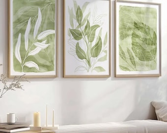 Boho Wildflower Prints Set: Sage Green Botanical Art (Digital Download