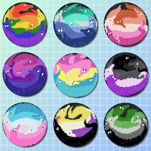 May include: Nine 58mm pin badges with worm designs in various colours. The badges feature rainbow, blue, pink, and black colour schemes, with the text "WORM ON A WHIM" around the edges. The text "58MM PIN BADGES" is at the top.