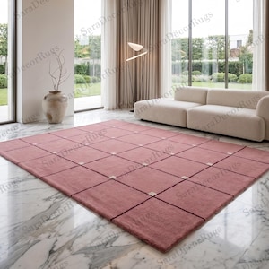 Hand Tufted Rose Pink Checkered Rug, Modern Windowpane Grid Area Rug for Bedroom Living Room Nursery, Custom Plush Wool Rug, Boho Decor
