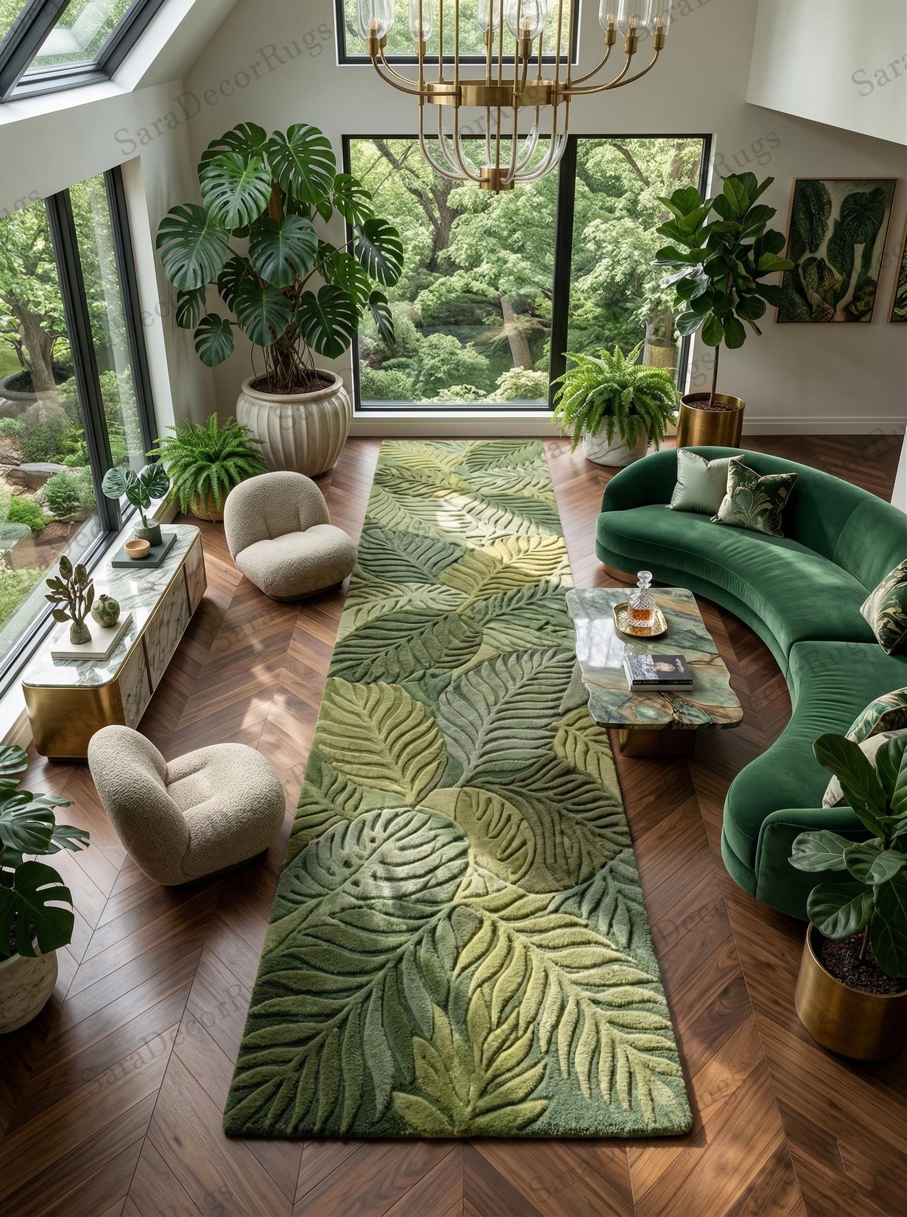 3D Monstera Leaf Rug Runner, Green Botanical Hallway Carpet, Textured ...