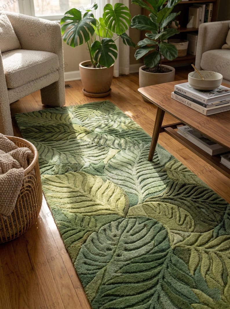 3D Monstera Leaf Rug Runner, Green Botanical Hallway Carpet, Textured ...