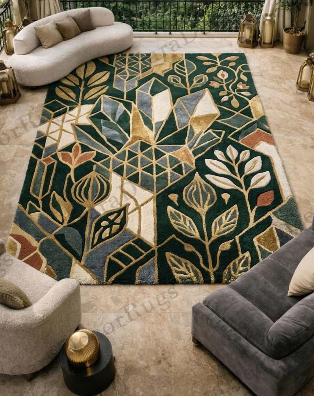 Modern Forest Green Geometric Rug, Art Deco Botanical Area Rug, Mid ...
