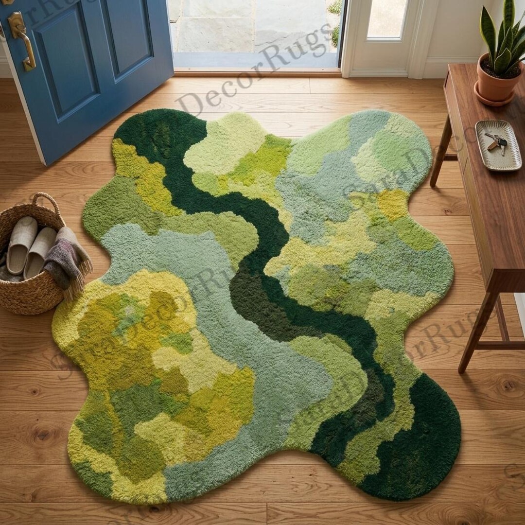 Large Moss Rug Green Hand Tufted Rug Organic Shape Forest Area Rug ...