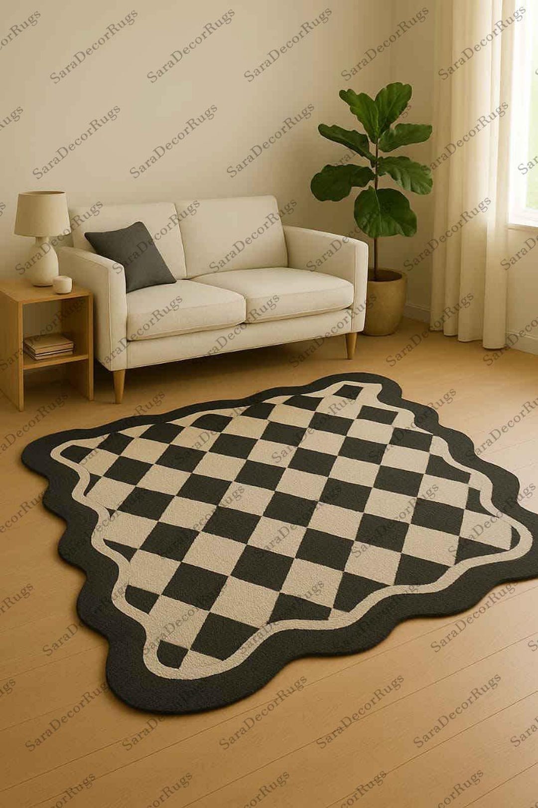 Modern Checkered Hand Tufted Rug - Black and Baige Wavy Checkerboard ...