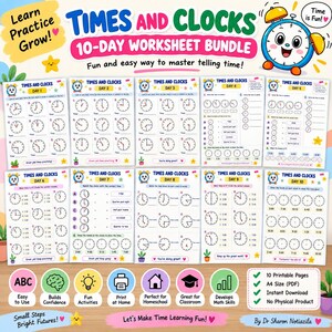 Könnte beinhalten: Ein 10-tägiges Arbeitsblatt-Paket mit dem Titel Times and Clocks, das einen animierten Wecker zeigt. Das Set enthält zehn druckbare Seiten mit verschiedenen Übungen zum Ablesen der Uhrzeit, Matheaufgaben und Lernaktivitäten.