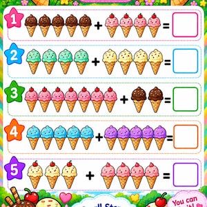 以下が含まれることがあります： Simple Addition Page 16と題されたカラフルな学習用ワークシート。アイスクリームのイラストを使った5つの算数の問題が並んでいます。各行には番号付きの星、足し算の記号、答えを書き込むための白い空欄があり、You can do it!と書かれた吹き出しも添えられています。