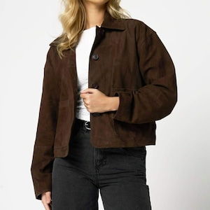Cropped Faux Suede Western Jacket: Brown Fall Fashion Outerwear