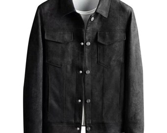 Men's Black Suede Leather Biker Jacket - Button Closure - Vintage Style