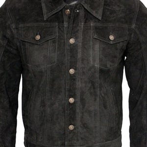 Men&#39;s Black Suede Leather Biker Jacket - Button Closure - Vintage Style