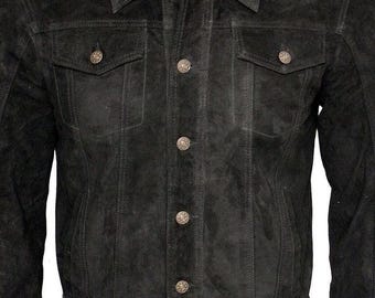 Men's Black Suede Leather Biker Jacket - Button Closure - Vintage Style