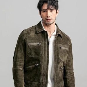 Handmade New Men’s Green Suede Leather Jacket – Classic Fit with Zipper Closure | Stylish Vintage Outerwear* Gift For Man