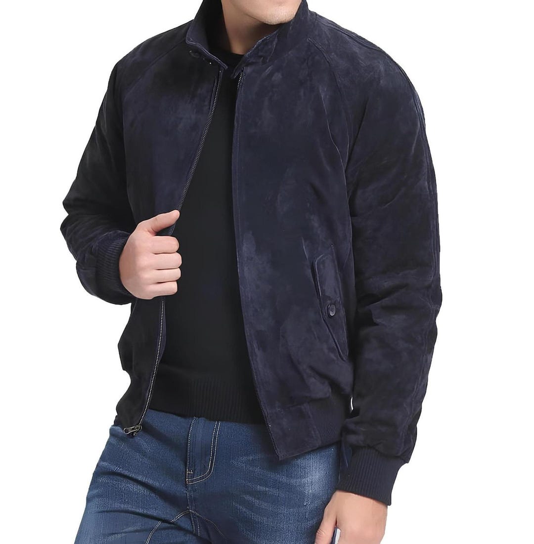 メンズ ブルー スエード レザー ジャケット：クラシックフィット