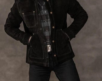 Men's Black Suede Leather Biker Jacket - Button Closure - Vintage Style