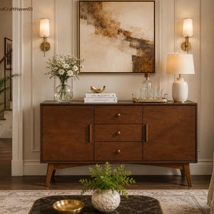 May include: A dark brown wooden sideboard featuring two side cabinets with vertical handles and three central drawers with round knobs, supported by four tapered legs. The top surface holds a glass vase with white flowers, books, and a lamp.