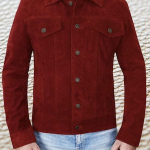 Handmade New Men’s Red Suede Leather Jacket – Classic Fit with Button Closure | Stylish Vintage Outerwear* Gift For Man