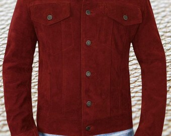 Handmade Red Suede Leather Trucker Jacket - Classic Fit