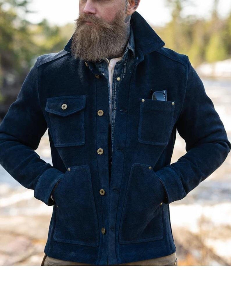 Men's Blue Suede Leather Jacket - Classic Fit Vintage Outerwear - Etsy ...