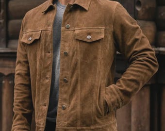 メンズ ブラウン スエード トラッカージャケット - ウエスタンスタイル