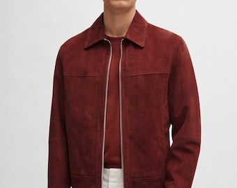 Handmade Red Suede Leather Trucker Jacket - Classic Fit